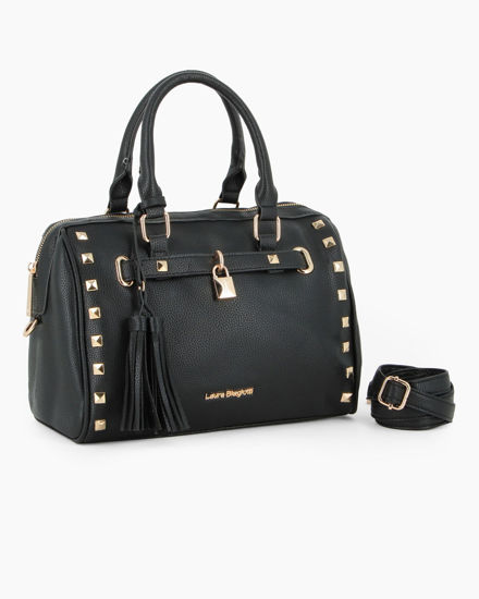 Immagine di LAURA BIAGIOTTI - Bauletto nero con borchie, pennacchi con frange e cinturino con lucchetto, tracolla removibile
