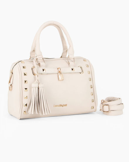 Immagine di LAURA BIAGIOTTI - Bauletto naturale con borchie, pennacchi con frange e cinturino con lucchetto, tracolla removibile