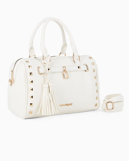 Immagine di LAURA BIAGIOTTI - Bauletto bianco con borchie, pennacchi con frange e cinturino con lucchetto, tracolla removibile