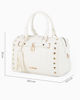 Immagine di LAURA BIAGIOTTI - Bauletto bianco con borchie, pennacchi con frange e cinturino con lucchetto, tracolla removibile