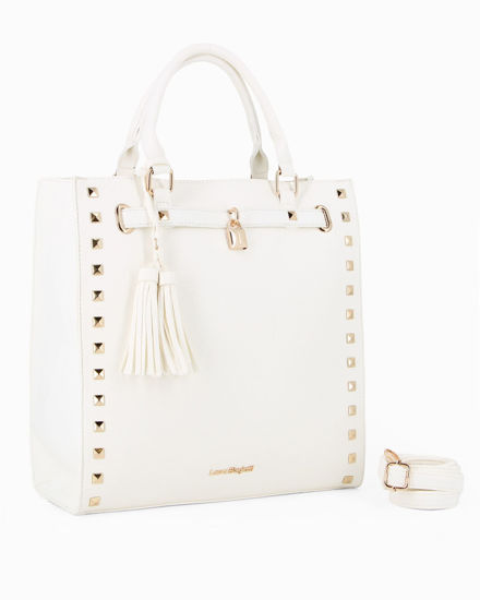 Immagine di LAURA BIAGIOTTI - Borsa due manici bianca con borchie, pennacchi con frange e cinturino con lucchetto, tracolla removibile