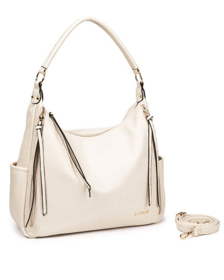 Immagine di RIFLE - Borsa sacca beige con zip frontali verticali e tasche laterali, tracolla removibile