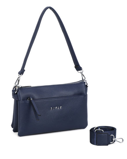Immagine di RIFLE - Borsa a spalla blu con cinque scomparti interni, tasca frontale e posteriore, tracolla removibile