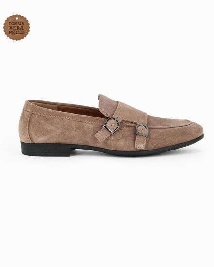 Immagine di CLASS MAN - Mocassino taupe scamosciato in VERA PELLE con doppia fibbia