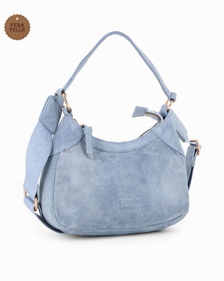 Immagine di CHESTER POLO ACADEMY - Minibag celeste scamosciata in VERA PELLE con tracolla nastro loggata