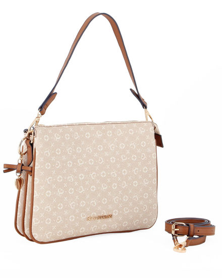 Immagine di SOLO SOPRANI - Borsa un manico beige loggata con tre scomparti interni e ciondolo fiocco+cuore, tracolla removibile