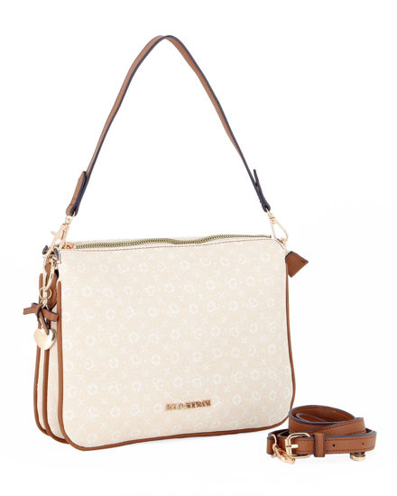 Immagine di SOLO SOPRANI - Borsa un manico panna loggata con tre scomparti interni e ciondolo fiocco+cuore, tracolla removibile