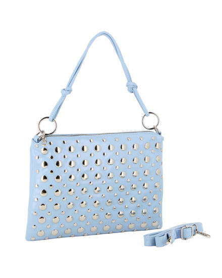 Immagine di NARIDNI - Borsa un manico celeste con borchie e tasca posteriore, tracolla removibile