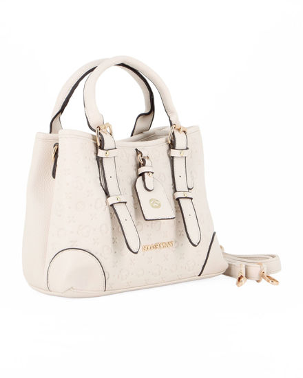 Immagine di SOLO SOPRANI - Borsa due manici panna loggata con tre scomparti principali e ciondolo frontale, tracolla removibile