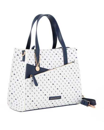 Immagine di CORTINA POLO STYLE - Borsa due manici bianca/blu loggata con tasca frontale, tracolla removibile