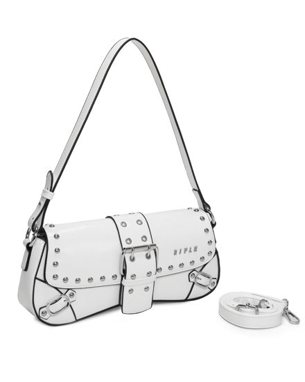 Immagine di RIFLE - Borsa a spalla bianca con patta, fibbie e borchie, tracolla removibile
