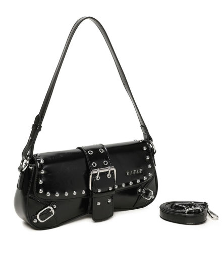 Immagine di RIFLE - Borsa a spalla nera con patta, fibbie e borchie, tracolla removibile