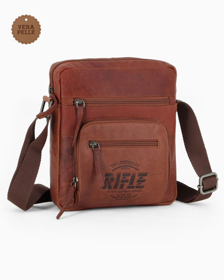 Immagine di RIFLE - Borsello cognac in VERA PELLE con tre tasche frontali