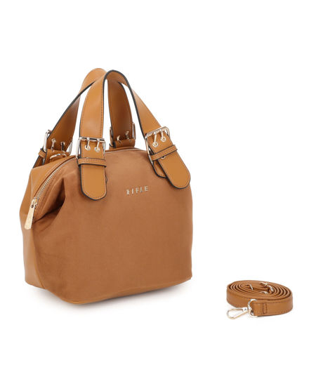 Immagine di RIFLE - Borsa a mano camel con parte frontale scamosciata e fibbie sui manici, tracolla removibile