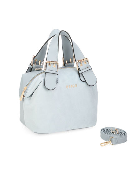 Immagine di RIFLE - Borsa a mano celeste con parte frontale scamosciata e fibbie sui manici, tracolla removibile