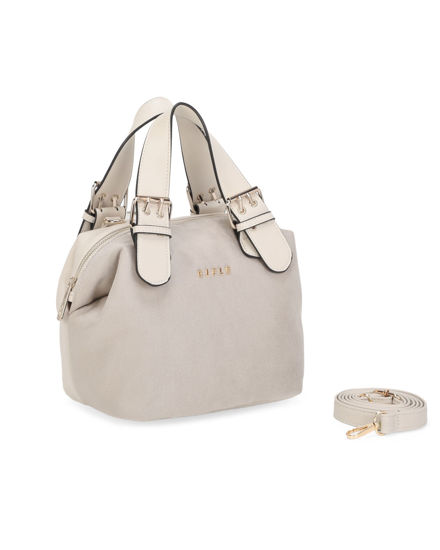 Immagine di RIFLE - Borsa a mano beige con parte frontale scamosciata e fibbie sui manici, tracolla removibile