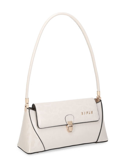 Immagine di RIFLE - Borsa a spalla beige lucida con patta e chiusura a incastro