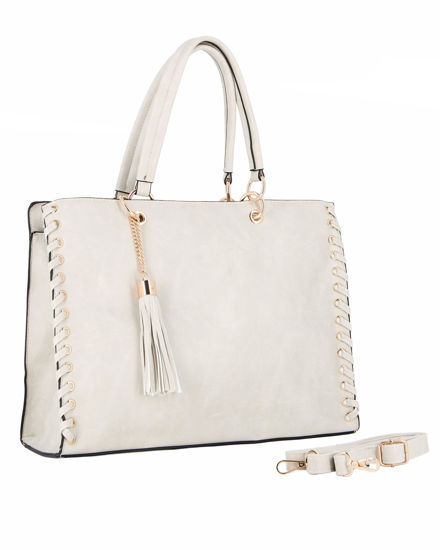 Immagine di NARDINI - Borsa due manici beige con tasca posteriore e pennacchio a frange, tracolla removibile