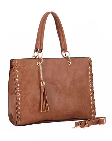 Immagine di NARDINI - Borsa due manici marrone con tasca posteriore e pennacchio a frange, tracolla removibile