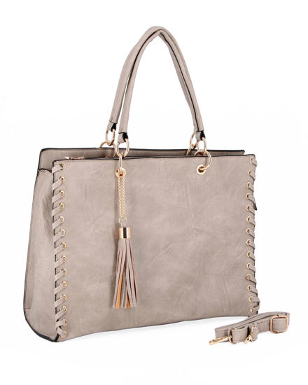 Immagine di NARDINI - Borsa due manici khaki con tasca posteriore e pennacchio a frange, tracolla removibile