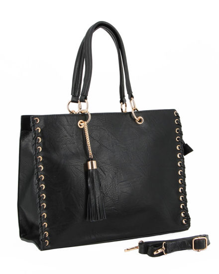 Immagine di NARDINI - Borsa due manici nera con tasca posteriore e pennacchio a frange, tracolla removibile