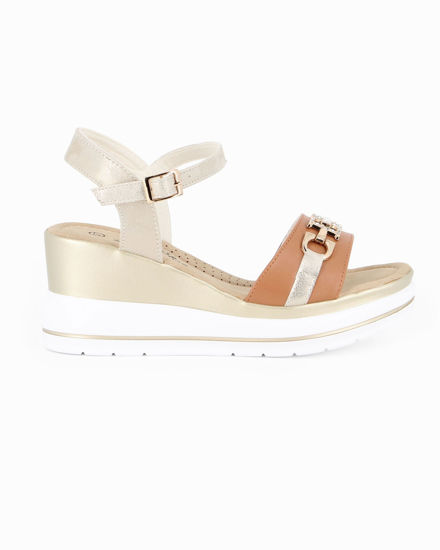 Immagine di MISS GLOBO - Sandalo platform cuoio/beige con sottopiede in memory soft e morsetto con strass, zeppa 7CM