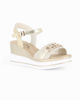 Immagine di MISS GLOBO - Sandalo platform beige/platino con sottopiede in memory soft e morsetto con strass, zeppa 7CM