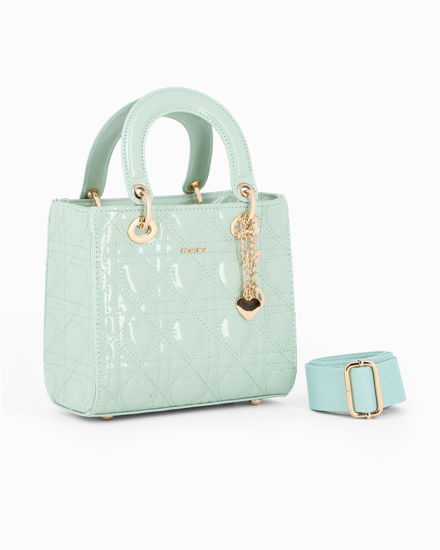 Immagine di NARDINI - Borsa piccola verde acqua due manici effetto vernice trapuntata con cuori e ciondoli, tracolla removibile