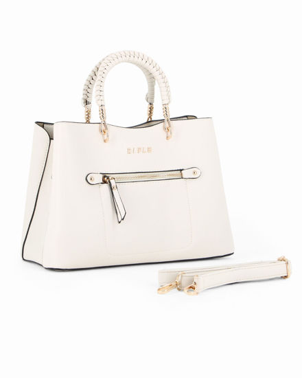 Immagine di RIFLE - Borsa due manici beige con tre scomparti principali e tasca frontale, tracolla removibile