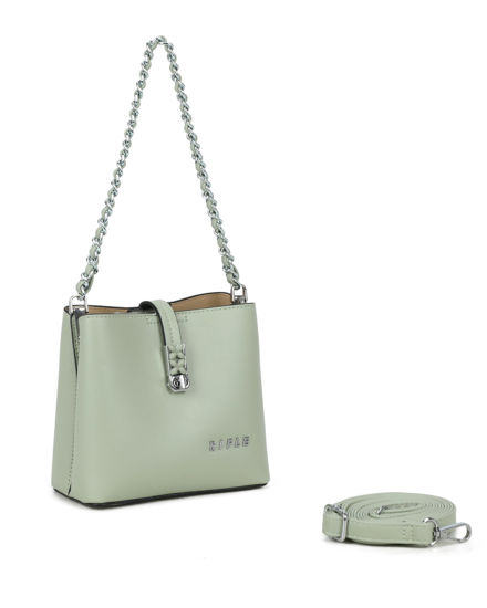 Immagine di RIFLE - Minibag verde salvia con tre scomparti principali e pattina con chiusura a girello, tracolla removibile