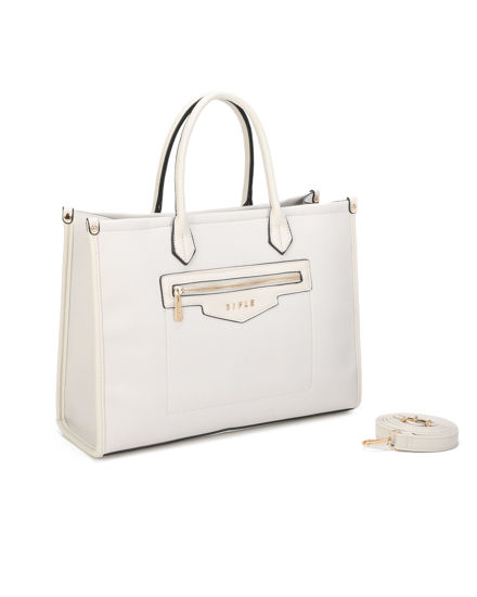 Immagine di RIFLE - Borsa due manici beige con tre scomparti principali e tasca frontale, tracolla removibile