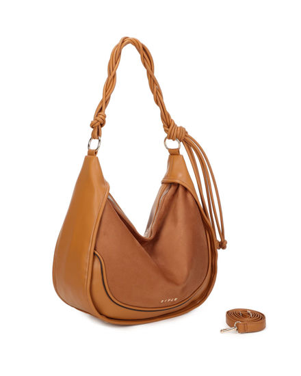 Immagine di RIFLE - Borsa sacca camel con parte frontale scamosciata e manico intrecciato , tracolla removibile