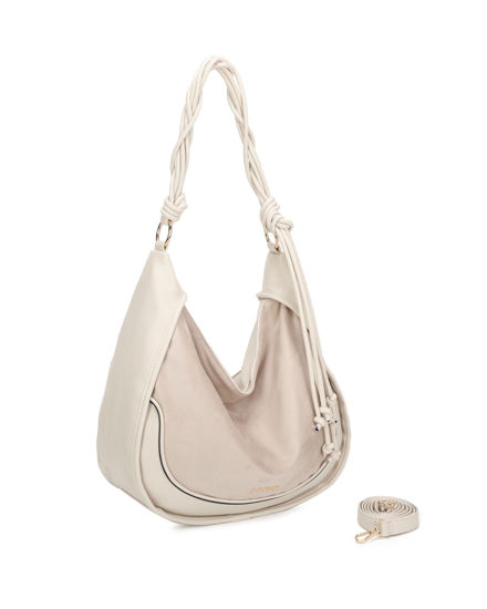 Immagine di RIFLE - Borsa sacca beige con parte frontale scamosciata e manico intrecciato , tracolla removibile