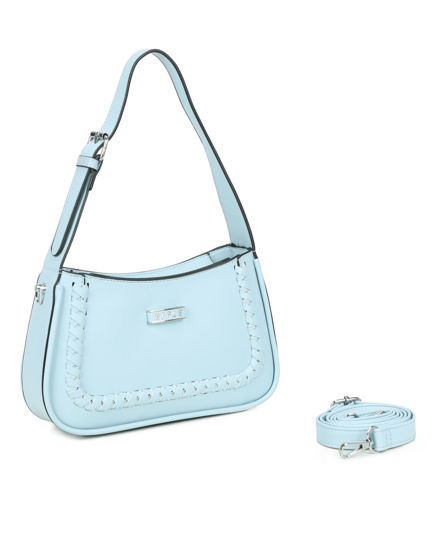 Immagine di RIFLE - Borsa a spalla celeste con dettaglio intreccio frontale, tracolla removibile