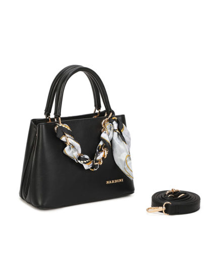 Immagine di NARDINI - Minibag nera con tre scomparti principali e catena con foulard, tracolla removibile