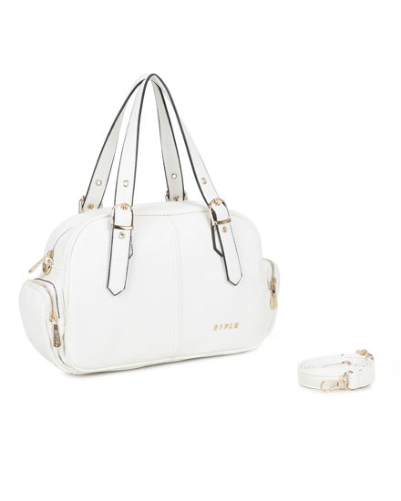 Immagine di RIFLE - Borsa a mano bianca con tasche laterali e fibbie sui manici, tracolla removibile