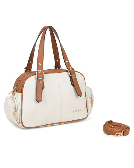 Immagine di RIFLE - Borsa a mano beige/cuoio con tasche laterali e fibbie sui manici, tracolla removibile
