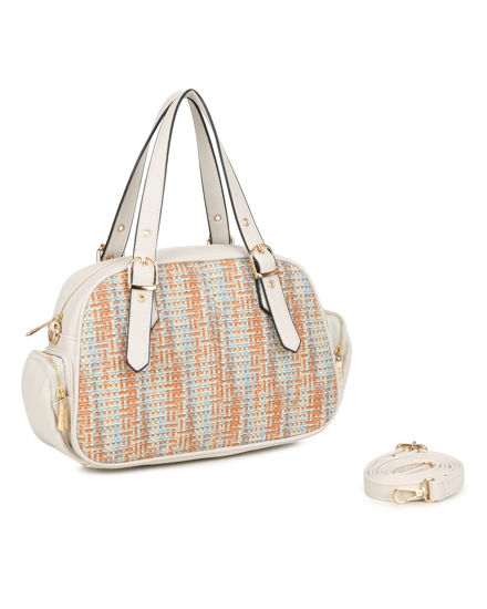 Immagine di RIFLE - Borsa a mano multicolor effetto intreccio con tasche laterali e fibbie sui manici, tracolla removibile