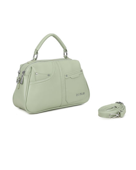 Immagine di RIFLE - Borsa a mano verde salvia con due scomparti principali e finte tasche frontali, tracolla removibile