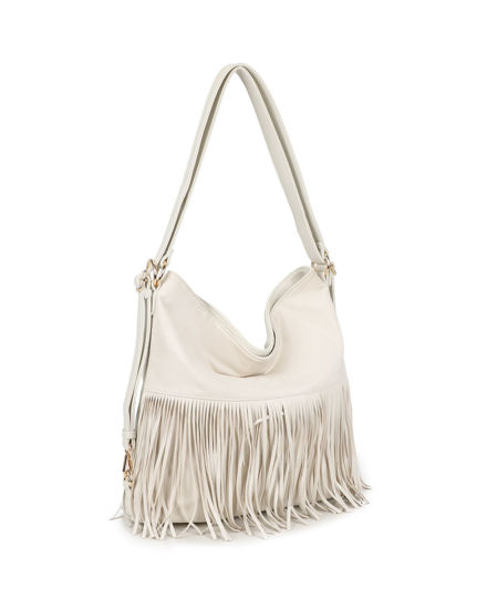 Immagine di RIFLE - Sacca/Zaino avorio con tasca posteriore e parte frontale scamoscia con frange