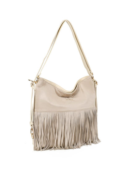 Immagine di RIFLE - Sacca/Zaino beige con tasca posteriore e parte frontale scamoscia con frange