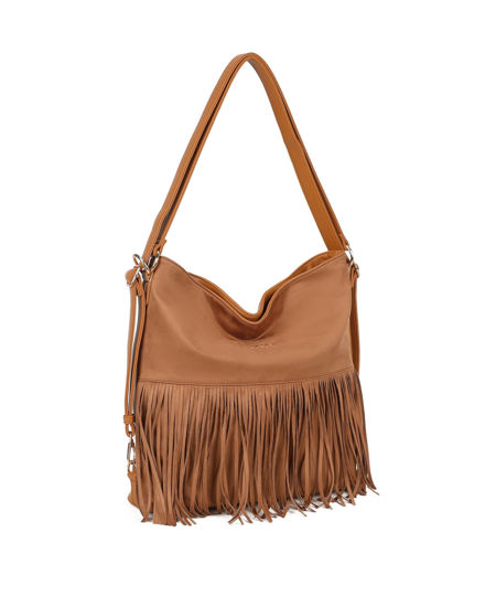 Immagine di RIFLE - Sacca/Zaino camel con tasca posteriore e parte frontale scamoscia con frange