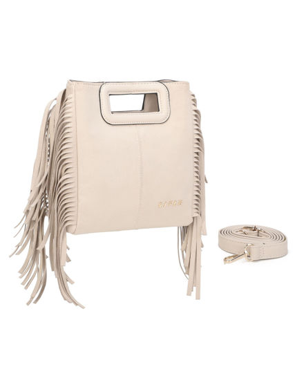 Immagine di RIFLE - Minibag nude scamosciata con frange, tracolla removibile