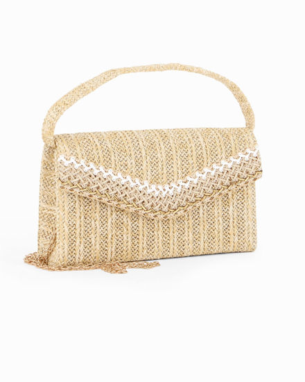 Immagine di DIVAS - Pochette crema in paglia con patta, manico e catenina removibili