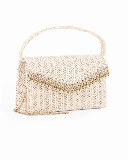 Immagine di DIVAS - Pochette beige in paglia con patta, manico e catenina removibili