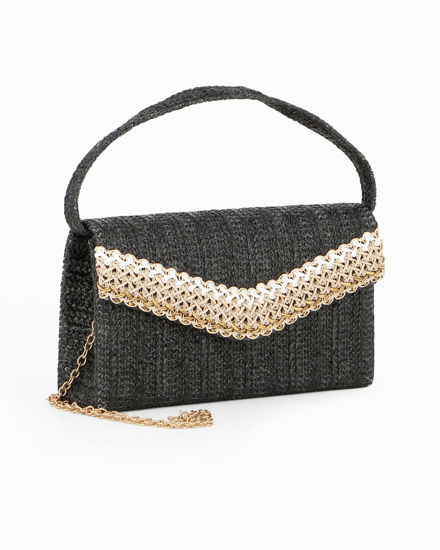 Immagine di DIVAS - Pochette nera in paglia con patta, manico e catenina removibili