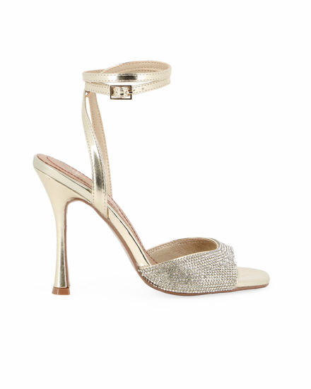 Immagine di MISS GLOBO - Sandalo platino con sottopiede in VERA PELLE e fascia frontale in strass, tacco 10,5CM