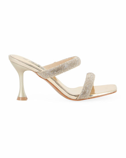 Immagine di MISS GLOBO - Sabot oro con doppia fascia imbottita in strass e punta quadrata, tacco 8CM