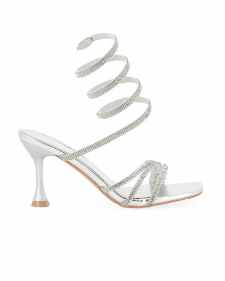 Immagine di MISS GLOBO - Sandalo a spirale argento in strass con punta quadrata, tacco 8CM