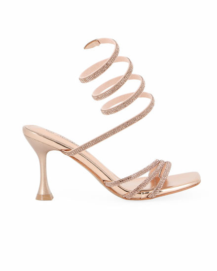 Immagine di MISS GLOBO - Sandalo a spirale champagne in strass con punta quadrata, tacco 8CM